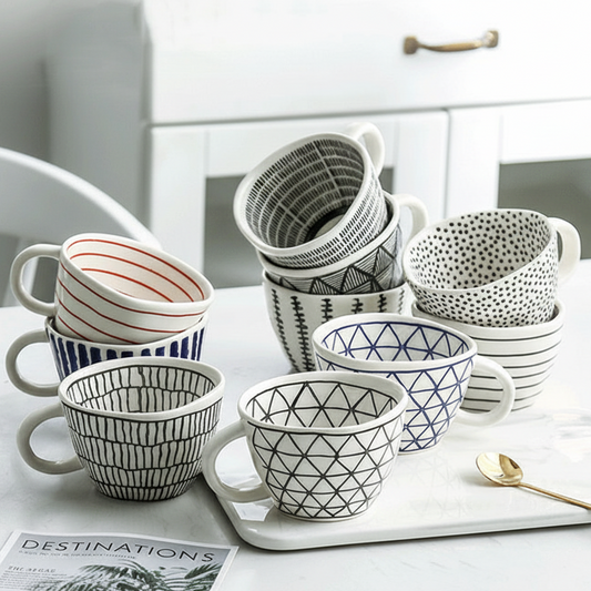 Artistic Style Patterned Purposefully Irregular Shaped Ceramic Mugs On Kitchen Table