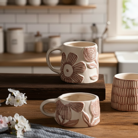 Soft Pink Blush Color Mugs With Organic Retro Craft Style Flower Patterns Fresh Springtime Blooms