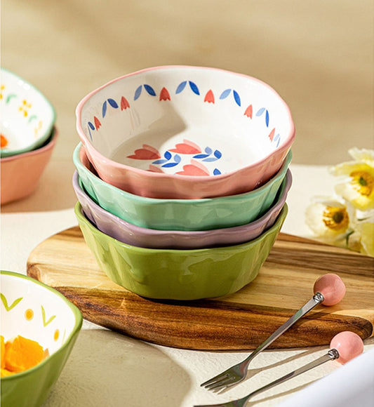 Stackable Baking Bowls Cottage Vintage Style Dutch Flower Pattern Ceramics