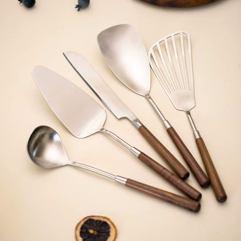 Sleek Kitchen Utensils For Cooking And Serving Meals Luxury Style Silver With Wood Handles