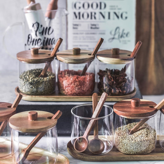 Kitchen Seasoning Jars With Lids And Spoons Glass Spice Jars With Acacia Lids Tray And Wooden Spoons