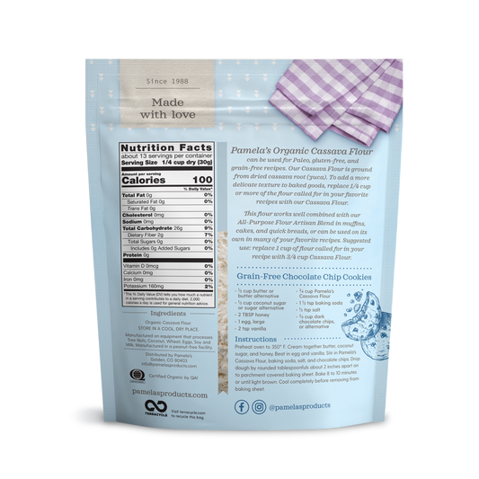 Pamela's Cassava Flour Organic Single Ingredient Nutrition Facts Grain Free Chocolate Chip Cookie Recipe