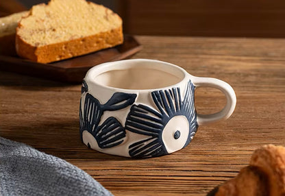 Beverage Cup With Serene Blue Flower Blooms A Ceramic Shallow Mug With Organic Retro Craft Style