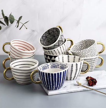 Artistic Ceramic Mug Collection With Shiny Gold Handles