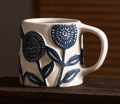 Serene Blooms Deep Organic Retro Craft Style Ceramic Mug Blue