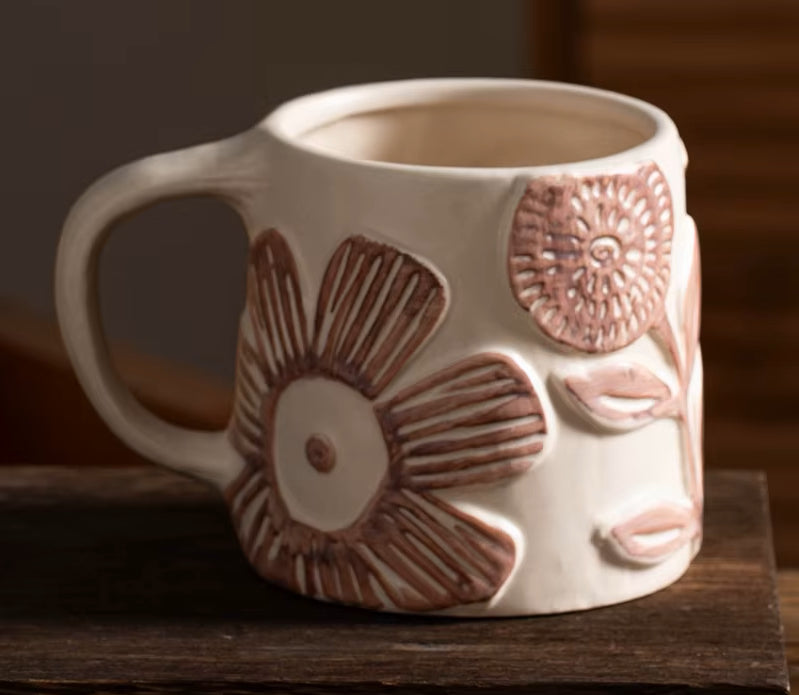 Blush Blooms Deep Organic Retro Craft Style Ceramic Mug Pink