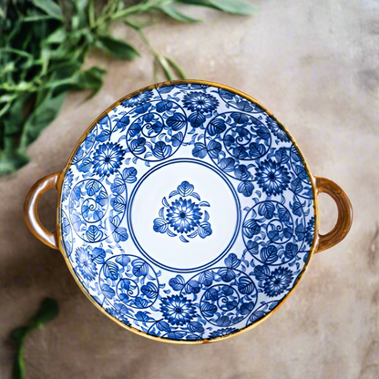 Pretty Blue Swirl And Flower Pattern Ceramic Bowl With Handles Fresh Modern Farmhouse Decor Oriental Ao Style Dish