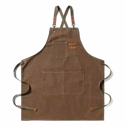 Coffee Brown Color Cookout Style Cotton Canvas Kitchen Apron With Pockets And Adjustable Tie Strings