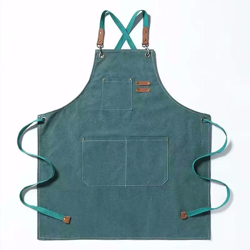 Teal Green Color Cookout Style Cotton Canvas Kitchen Apron With Pockets And Adjustable Tie Strings