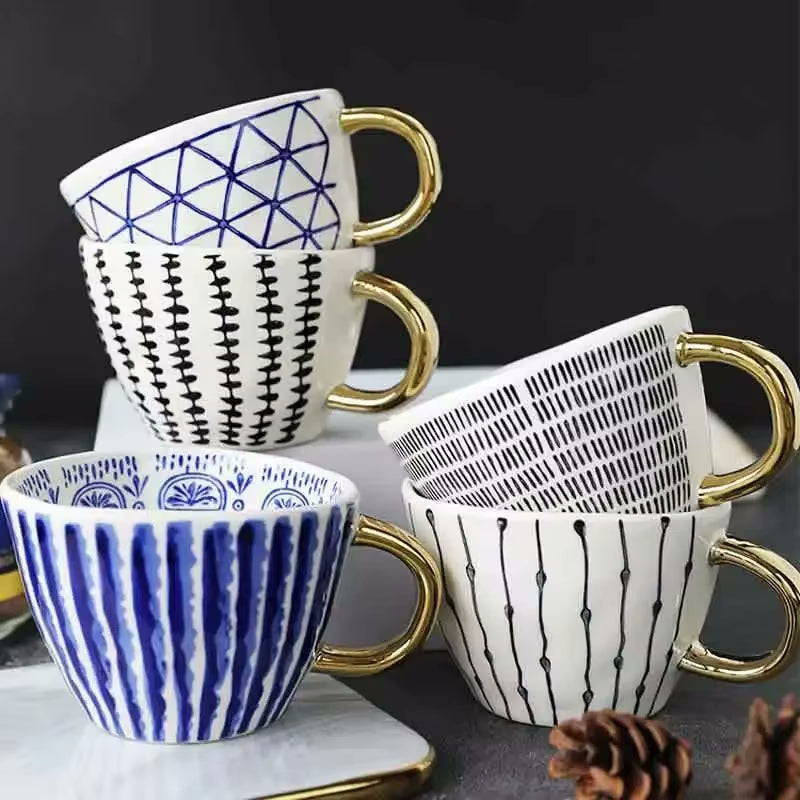 Artistic Style Patterned Mugs With Gold Handles
