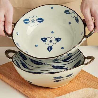 Blue Blossoms And Bird Branch Ceramic Bowls With Handles In Blue And White Patterns And Farmhouse Style