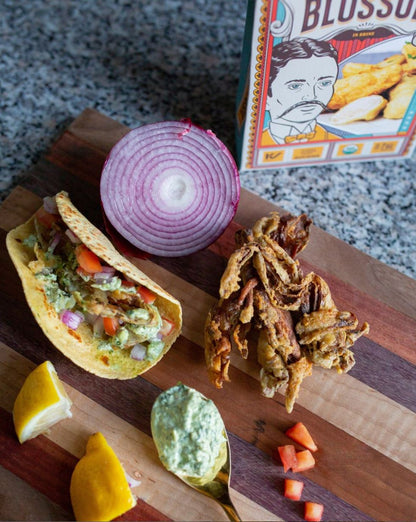 Deep Fried Banana Blossom Tacos Made With Upton's Naturals Organic Banana Blossom In Brine