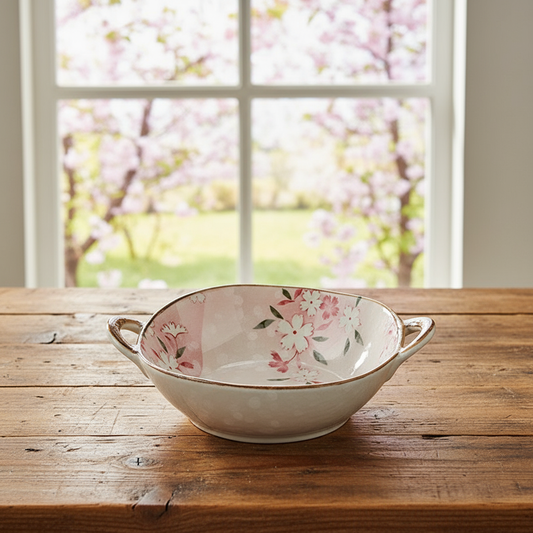 Pink Cherry Trees Blossoming Outside With Floral Blush Ceramic Bowl On Farmhouse Table Fresh Spring Decor