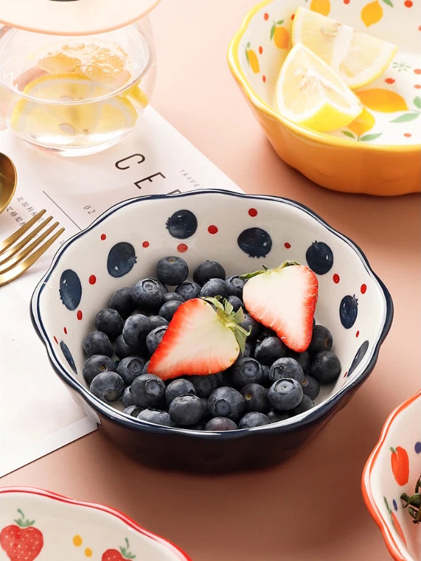 Fresh Blueberries And Strawberries In Blue Ceramic Fruit Bowl