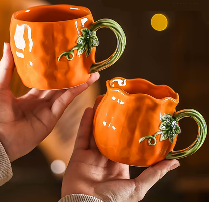 Holding Two Pumpkin Shape Mugs PSL Cups For Fall Decor And Autumn Drinks