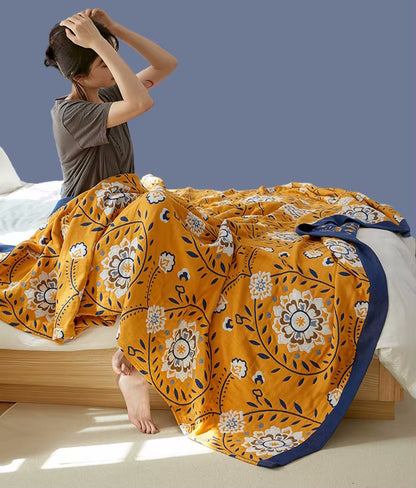 Beautiful Blanket In Yellow And Blue With Flowers Woman With Cotton Bedding Regal Floral Pattern Reversible Quilt Coverlet