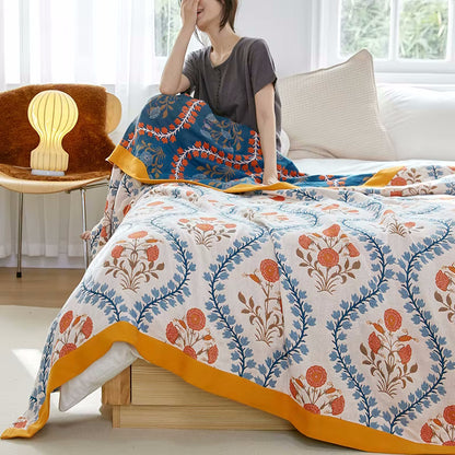 Waking Up With Regal Floral Cotton Reversible Blanket Flower Pattern Antheia 1 In White Blue And Orange Bedroom Decor