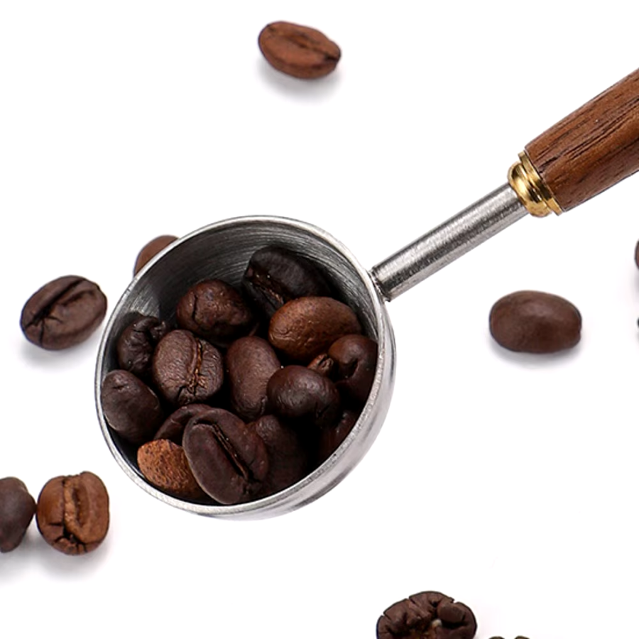Luxury Barista Sleek Stainless Steel Metal Coffee Scoop With Walnut Wooden Handle And Gold Accent