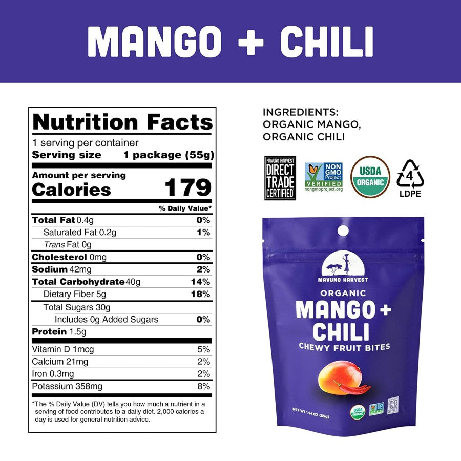Mavuno Harvest Organic Ingredients Mango Chili Chewy Fruit Bites