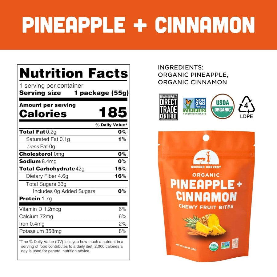Mavuno Harvest Organic Ingredients Pineapple Cinnamon Chewy Fruit Bites