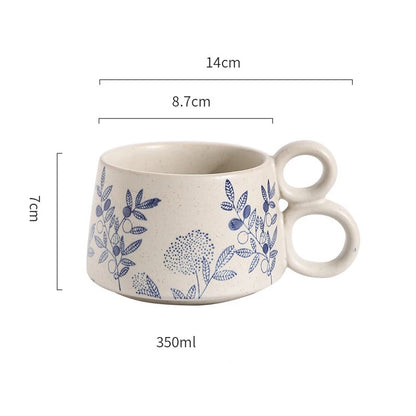Nature In Blue Ceramic Mug With Double Loop Handle Milkweed Butterfly Garden Flower Pattern Drinking Cup Size Measurements