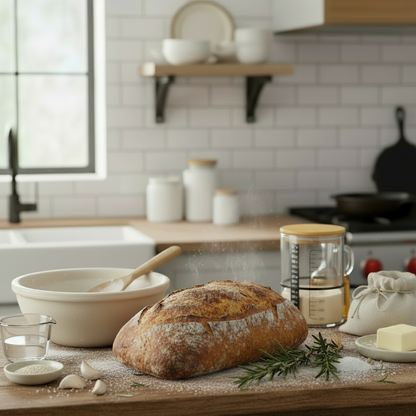 Modern Farmhouse Kitchen With Hot Bread Loaf Sourdough Baking At Home With Glass Jar Sourdough Starter Kit And Fresh Ingredients
