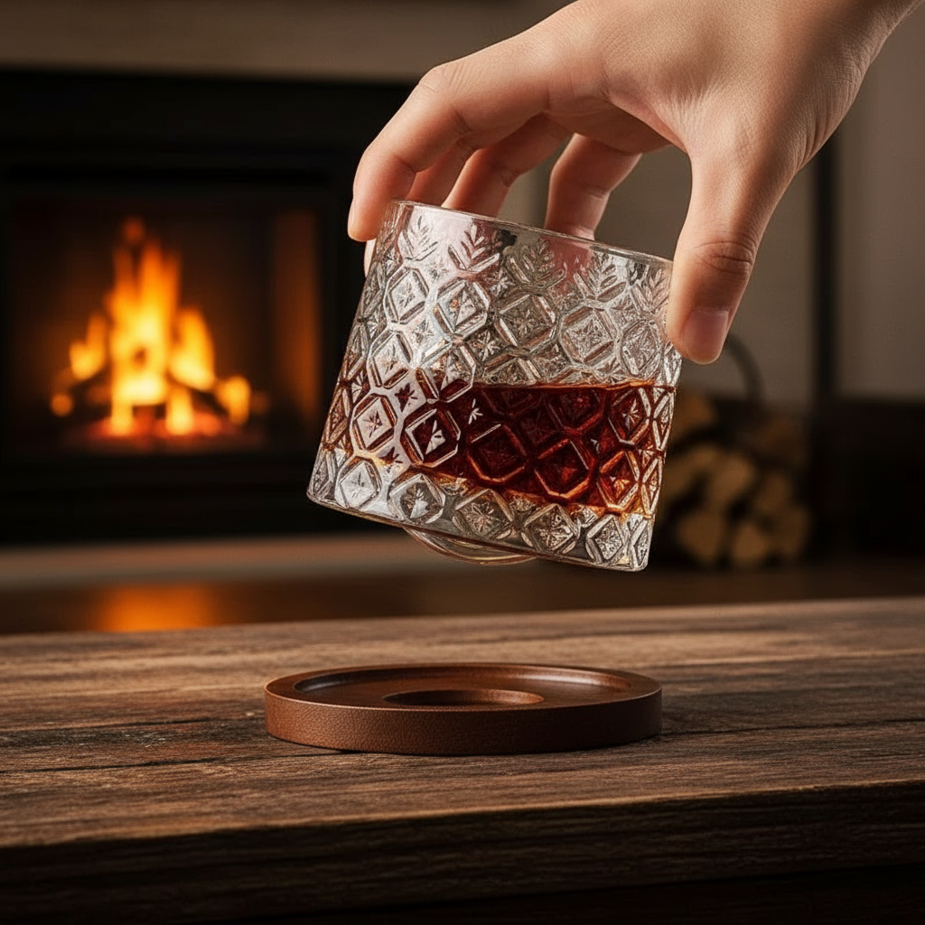 Holding Rotating Style Glass Whiskey Tumbler Drinking Cup With Spinning Design To Aerate Drinks Bourbon Glass And Coaster Set