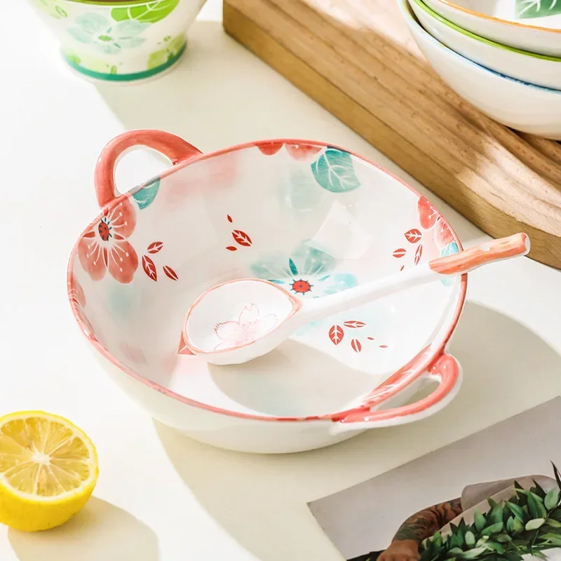 Roxy Summer Style Bowl With Handles Summery Flower Pattern Ceramic Dish