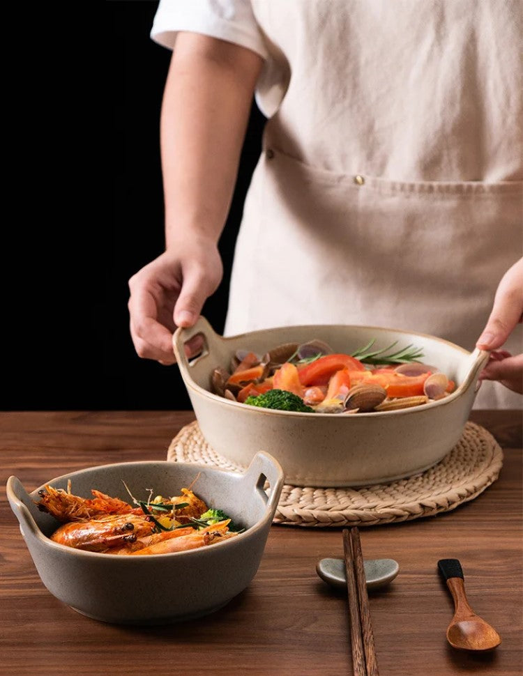 Serving Food In Prairie Farmhouse Bowls Ceramic Pottery In Creamery And Conifer Colors Serving Bowls With Handles