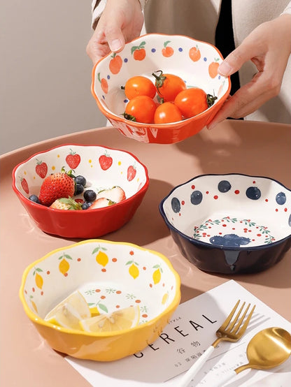 Setting Table With Colorful Vintage Cottage Ceramic Bowls In Fruits And Berry Patterns