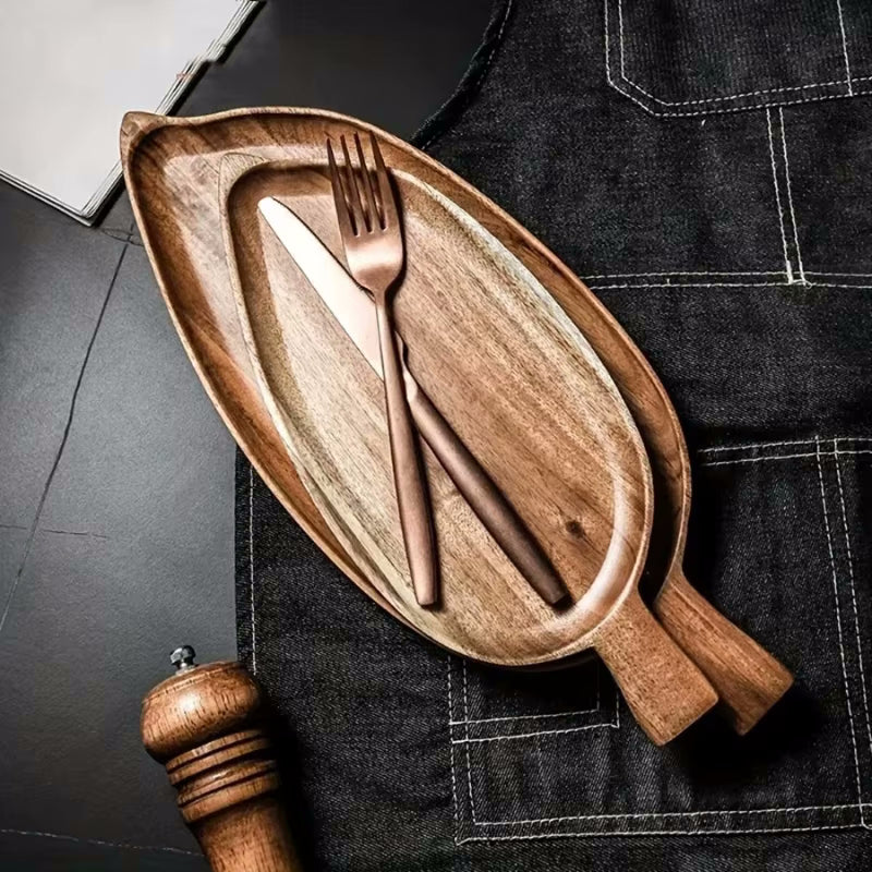 Stacked Wood Trays Acacia Leaf Serveware