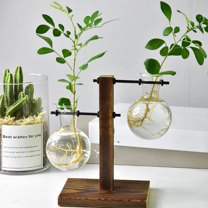 Greenery Plants In Glass And Wood Hanging Post Tabletop Vases Staggered Glass Vase Style Home Decor