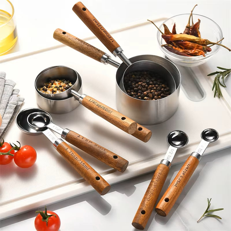 Stainless Steel Measuring Cups And Measuring Spoons With Wood Handles