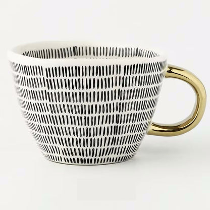 Tally Artistic Style Patterned Irregular Shaped Ceramic Mug With Gold Handle