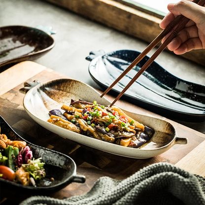 Using Chopsticks To Grab Food From Vegetable Shaped Dish Ceramic Eggplant Pottery