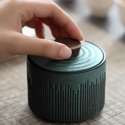 Using Tea Storage Jar Tahoe Style Ceramic Caddy Container With Lid And Wooden Knob