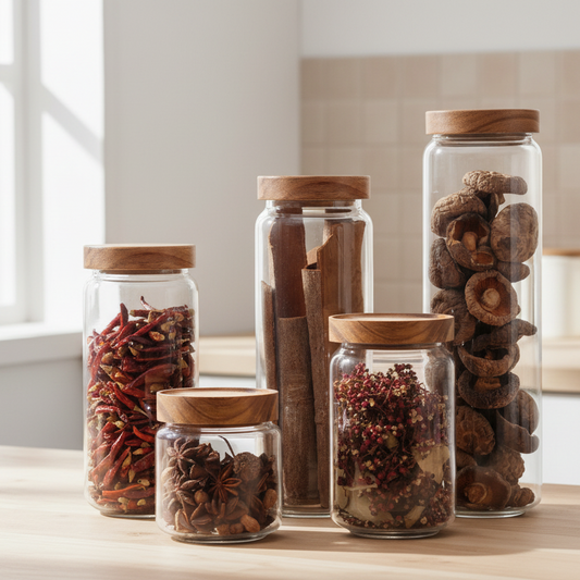 Countertop Decor And Kitchen Organization With Wilderness Collection Acacia Wood And Glass Sealable Food Storage Jars