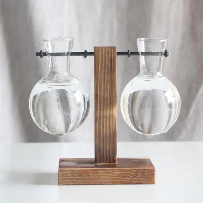 Double Wood And Glass Hanging Post Tabletop Style Vase