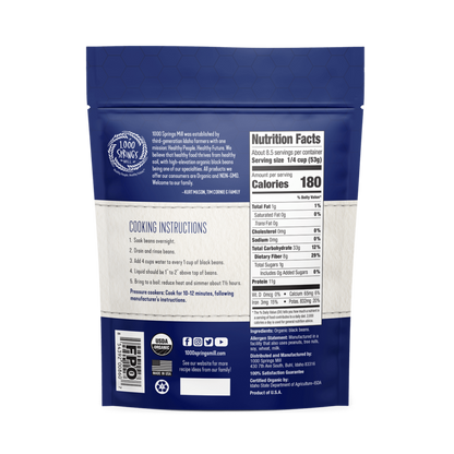 1000 Springs Mill Organic Black Beans 16oz Back of Bag
