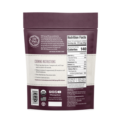 1000 Springs Mill Organic Hard Red Spring Wheat Berries 16oz Back of Bag