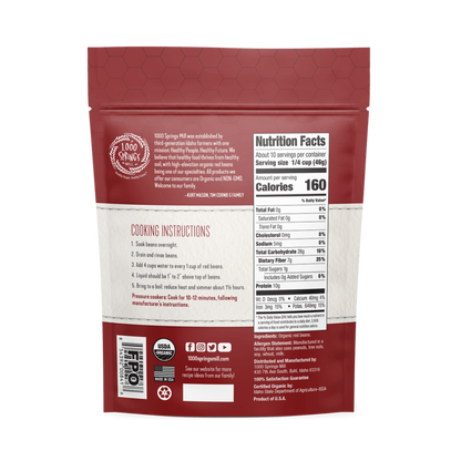 1000 Springs Mill Organic Red Beans 16oz Back of Bag