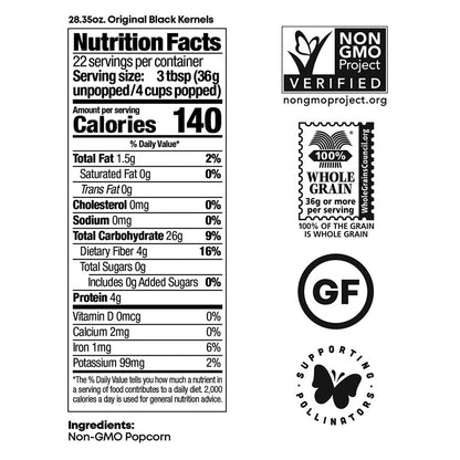 Original Black Popcorn Kernels Non-GMO Single Ingredient Nutrition Facts Gluten Free Black Jewell