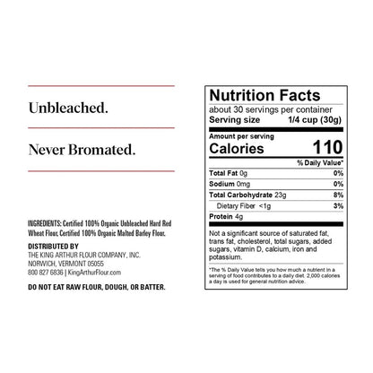 Unbleached King Arthur Organic All-Purpose Flour 2 Pound Nutrition Facts Ingredients