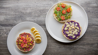 Colorfully Topped Organic Brown Rice Cakes Lundberg Family Farms Puffed Brown Rice Cake Snacks