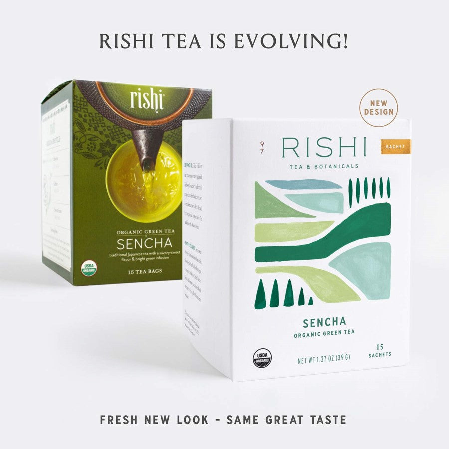 Rishi Tea Fresh New Look Same Great Taste Organic Sencha Green Teas Old And New Box Design
