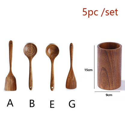 5 Piece Set Of Teak Wood Kitchen Tools And Cooking Utensils