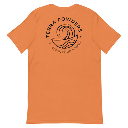 Back Of Clean Food Powered Short Sleeve T-Shirt From Terra Powders In Burnt Orange Color